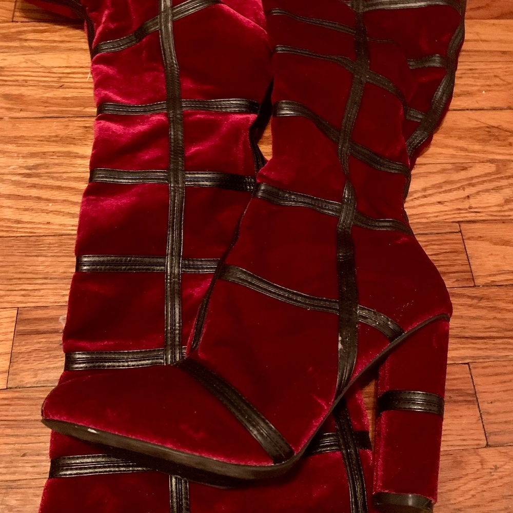 Women’s Crushed Velvet Wine & Black Heeled Boots